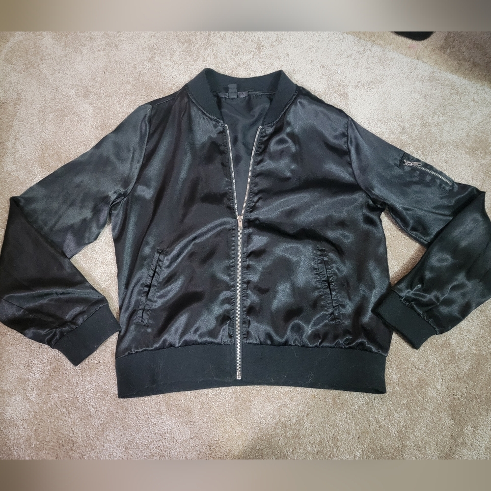 Almost Famous Black Satin Bomber Jacket Juniors Sz Large